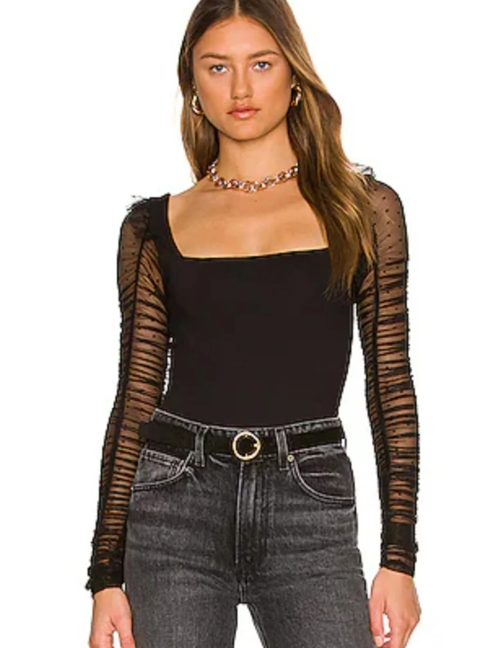 INTIMATELY FREE PEOPLE Must Be Love Polka-Dot Sheer Ruched Sleeve Bodysuit XL